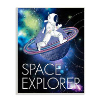 Stupell Industries Space Explorer Starry Universe Astronaut On Galaxy Planet Grey Farmhouse Rustic Framed Giclee Texturi