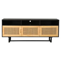 Bay Isle Home™ Trexm Vintage-style Rattan Walnut Tv Stand: 3-door, Open Shelves Media Console For Tvs Up To 75 Inches