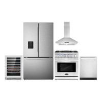 Cosmo 5 Piece Kitchen Package With 30" Freestanding Gas Range 30" Island Mount 24" Built-in Fully Integrated Dishwasher