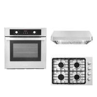 Cosmo 3 Piece Kitchen Package With 30" Gas Cooktop 30" Under Cabinet Range Hood 24" Single Electric Wall Oven