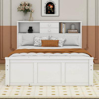 Cosmic , White Full Size Wood Platform Bed With Twin Size Trundle, 3 Drawers, Upper Shelves And USB Ports & Sockets