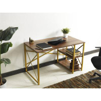 Mercer41 Morello Gold Metal Frame 47" Wooden Top 2 Shelves Writing And Computer Desk For Home Office