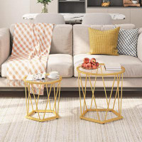 Mercer41 Small Coffee Table Set Of 2, Round Coffee End Table With Metal Frame, Glass Top, Gold Side Table For Living Roo