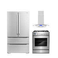 Cosmo 3 Piece Kitchen Package With 30" Freestanding Gas Range 30" Island Range Hood 36" French Door Refrigerator