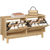 Rubbermaid Shoe Storage Bench For Entryway, Shoe Bench With 2 Flip Drawers, Shoe Cabinet With Faux Rattan Decoration, Wo