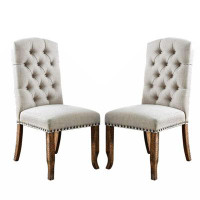 Rosalind Wheeler Set Of 2 Ivory Fabric Upholstered Dining Chairs In Rustic Oak Finish