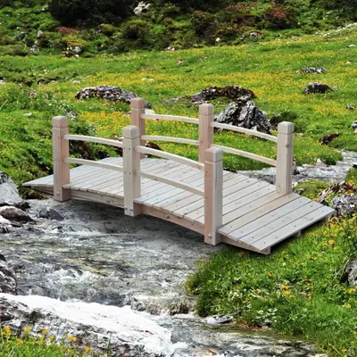 This 5’ wooden bridge with rails is perfect for use as charming landscape decor in a backyard garden...
