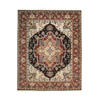 Bungalow Rose Handknotted Wool NAVY Traditional Medallion Heriz Weave  Rug