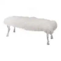 Everly Quinn 49 Inch Modern Accent Bench, Faux Fur Upholstered, Hooved Legs, All White