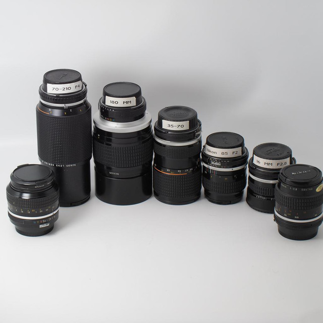 Nikkor AIS  manual focus lenses ( 16mm f2.8,  35-70mm f3.5, 50mm f1.4, 55mm f2.8, 85mm f2, 180mm f2.8, 70-210mm) in Cameras & Camcorders