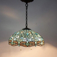 Bloomsbury Market Tiffany Pendant Light Fixture Sea Blue Stained Glass Dragonfly Hanging Lamp Wide 16inch Height 40inch