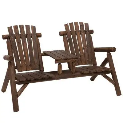 Millwood Pines Outsunny 2-Seat Wooden Adirondack Chair, Patio Bench With Table, Outdoor Loveseat Fire Pit Chair For Porc