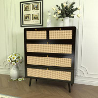Red Barrel Studio Modern Rattan Dresser Chest with Wide Drawers and Metal Handles
