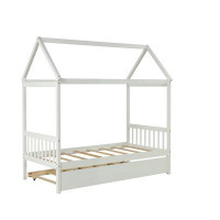 Harper Orchard Solid Wood Twin House Bed Frame With Twin Size Trundle For White Colour