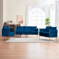 Everly Quinn Blue Velvet 3-piece Sofa Set: Loveseat, 3-seat Couch, Single Chair, Handmade Woven Back, Sturdy Metal Legs