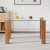 Latitude Run® Modern Minimalist Rectangular Dining Table. Glass Desktop And Wooden MDF Table Legs