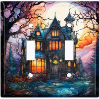 WorldAcc Metal Light Switch Plate Outlet Cover (Halloween Spooky Sunset Manor - Double Toggle)