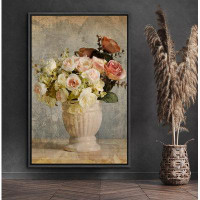 IDEA4WALL Vintage Pink & White Roses In Vase Floral Plants Photography Rustic Multicolor Framed On Canvas Print