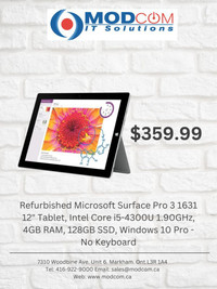 Microsoft Surface Pro 3 1631 12-inch Tablet, Intel Core i5-4300U 1.90GHz, 4GB RAM, 128GB SSD, Windows 10 Pro
