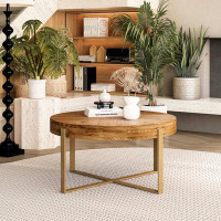 Everly Quinn 33.86"modern Retro Splicing Round Coffee Table,fir Wood Table Top With Gold Cross Legs Base