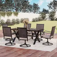 Lark Manor 7 Pieces Patio Dining Set 6 People Swivel Rattan Chairs Rectangular Metal Table For Patio, Garden, Porch