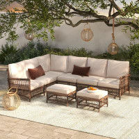 Ebern Designs Direnzo 98" Wide Outdoor 6 - Person Outdoor Wicker L-Shaped Patio Sectional with Cushions