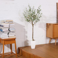 Primrue Artificial Tree 4FT Tall Faux Eucalyptus Plant With White Taper Planter Fake Greenery Potted Plant For Home Offi