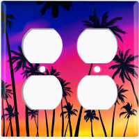 WorldAcc Metal Light Switch Plate Outlet Cover (Sunset Colourful Sky Palm Trees  - Double Duplex)