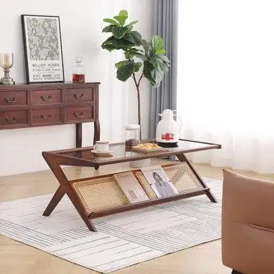 Red Barrel Studio Modern Coffee Table End Table With Rattan Shelf, High-Quality Corrugated Glass And Natural Bamboo