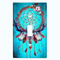 WorldAcc Metal Light Switch Plate Outlet Cover (Brown Dream Catcher Teal  - Single Toggle)
