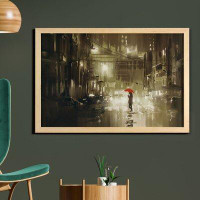 East Urban Home Ambesonne Urban Wall Art With Frame, Woman With Red Umbrella In Street At Rainy Night In Town Shadow Urb
