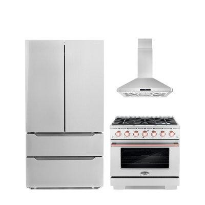Cosmo Cosmo 3 Piece Kitchen Appliance Package with French Door Refrigerator , 36'' Gas Freestanding Range , and Island R in Refrigerators