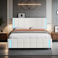 Aufind Upholstered Bed Queen Bed Frame with Charging Station and LED Lights