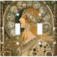 WorldAcc Metal Light Switch Plate Outlet Cover (Beautiful Art Nouveau Wisdom Girls - Double Toggle)