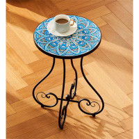 Fleur De Lis Living Outdoor Side Table And Mosaic Plant Stand, 21" Round End Table With 14" Ceramic Tile Top, Blue Manda