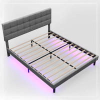 Wrought Studio Queen Size Upholstered Platform Bed Linen Bed Frame With Lights Square Stitched Adjustable Headboard Stro