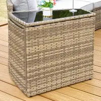 PaPaJet Papajet Rattan Pe Patio Storage Side Table Sofa Wedge End Table With Tempered Glass Top, Outdoor Wicker Sectiona