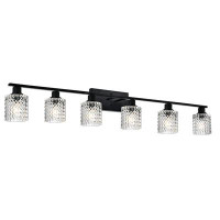 Mercer41 Industrial 6-Light Bathroom Vanity Light Fixture With Hammered Glass Shade With Black Finish
