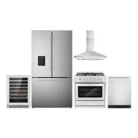 Cosmo 5 Piece Kitchen Package With 36" Freestanding Dual Fuel Range 36" Wall Mount Range Hood 24" Built-in Fully Integra