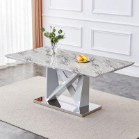 Ivy Bronx Modern Grey MDF Faux Marble Dining Table With White Double V-Shaped Supports And Plating Metal Base - Spacious