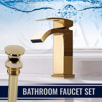 Waterfall Bathroom Faucet Single Handle with Solid Pop-Up Drain Shiny Gold