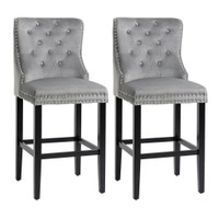 UPHOLSTERED FABRIC BAR STOOL SET OF 2, BUTTON TUFTED 29.5 SEAT HEIGHT PUB CHAIRS WITH BACK &amp; WOOD LEGS, GREY