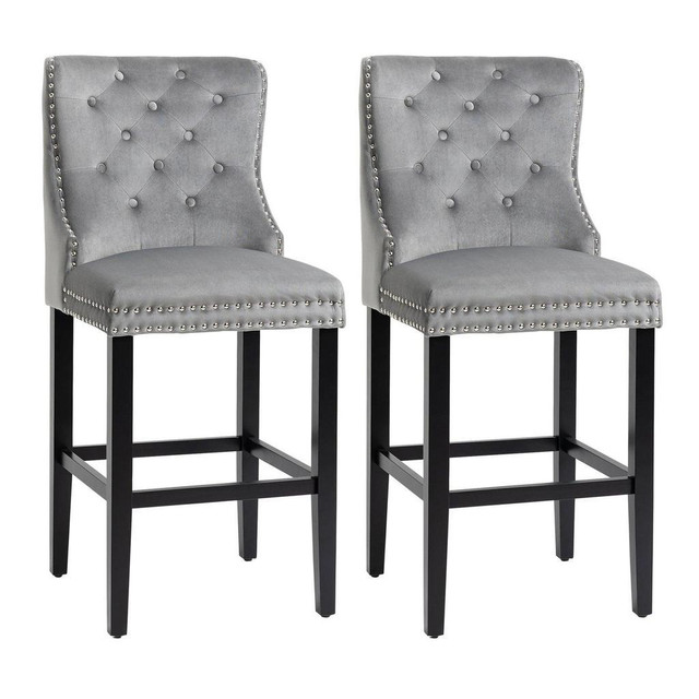 UPHOLSTERED FABRIC BAR STOOL SET OF 2, BUTTON TUFTED 29.5 SEAT HEIGHT PUB CHAIRS WITH BACK &amp; WOOD LEGS, GREY in Dining Tables & Sets