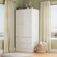 Ebern Designs Ayara Armoire Wardrobe Closet with 2 Woven Doors, 2 Wide Drawers & Hanging Rod