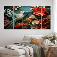 Design Art Coral Red Hummingbird Harmony - Animals Metal Wall Decor Set