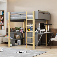 Harriet Bee Full Size Wood Loft Bed With Built-In Storage Cabinet And Cubes, Foldable Desk