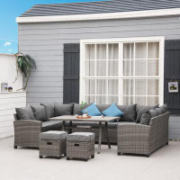 Outsunny 6 Pieces Patio Wicker Conversation Furniture Sets, Outdoor All Weather PE Rattan Sectional Sofa Set, With Wood