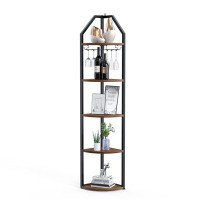 17 Stories 5-Tier Corner Shelf With Goblet Holder Tall Corner Bookshelf 70 Inch Corner Bookcase Plant Stand Rack Wooden