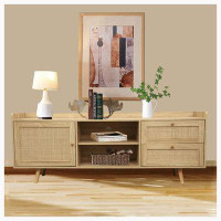 Bay Isle Home™ Mid Century TV Stand With Rattan-Decorated Doors, Spacious Cabinets, And Adjustable Shelf - Wood TV Conso