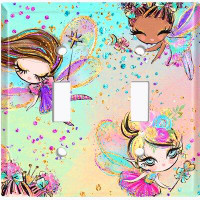 WorldAcc Metal Light Switch Plate Outlet Cover (Three Fairy Princesses Teal Pink  - Double Toggle)